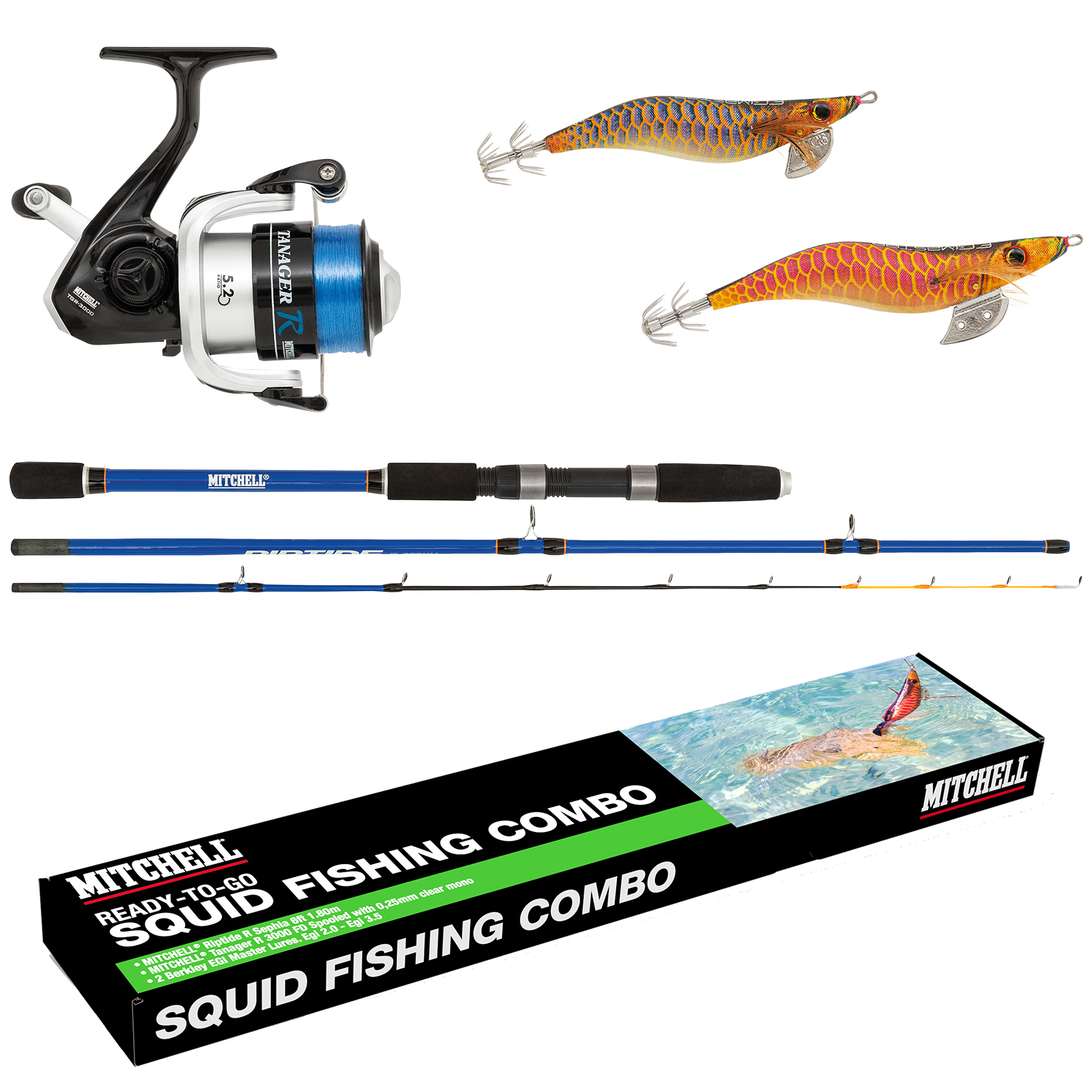Auktion | Mitchell Riptide R Squid Combo 1,80m 10-25g Rute 3000er Rolle mit Schnur & Köder